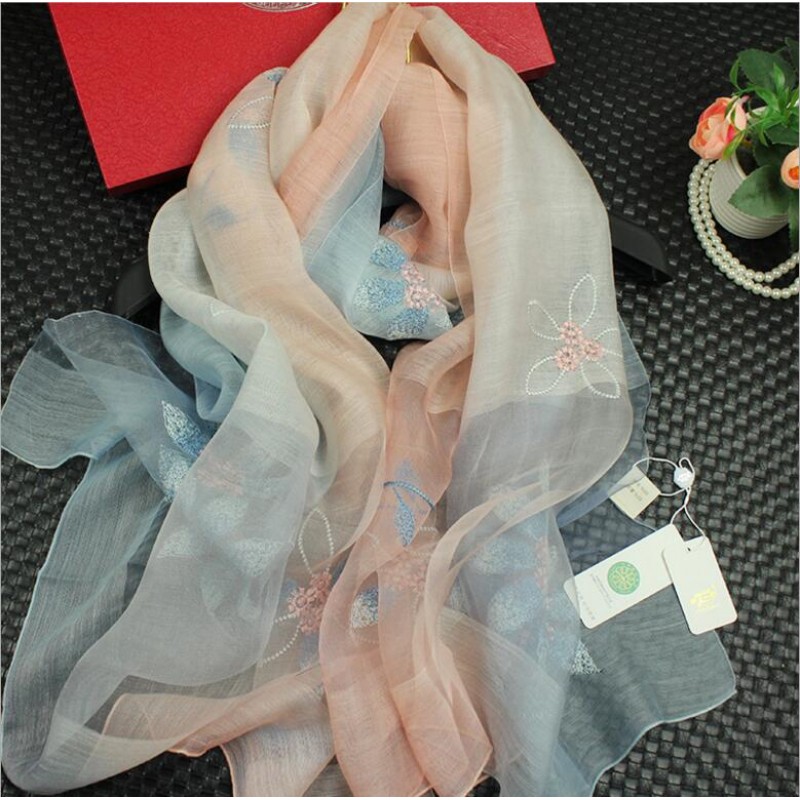 Wool Silk Scaves Purple Embroidery Women Summer Scarf